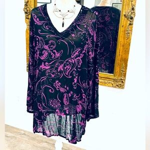 Ulla Popken Beaded Sequin Accent Sheer Purple Black Goth Tunic Top Size 20/22